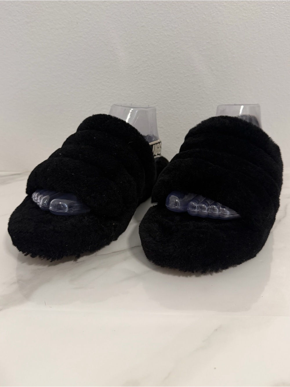 Ugg Fluff Yeah slide slippers black logo strap size 4